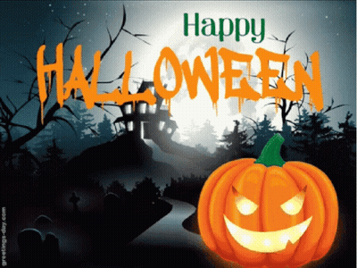 Happy Halloween Greeting Card With Cats And Dogs GIF
