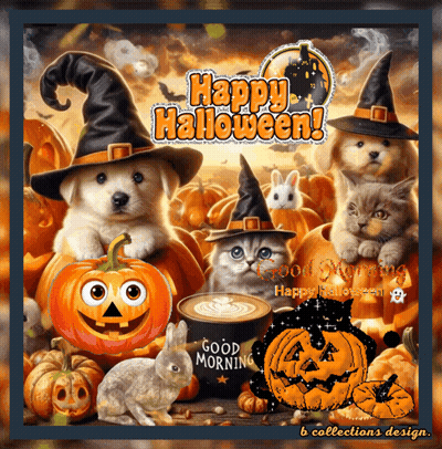 Happy Halloween Greeting Card With Cats And Dogs GIF