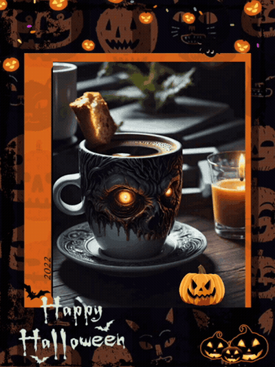 Happy Halloween Greeting Card With Coffee And Candle GIF