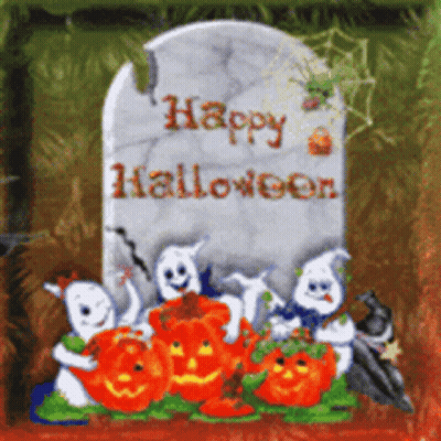 Happy Halloween Greeting Card With Ghosts Pumpkins And Gravestone GIF