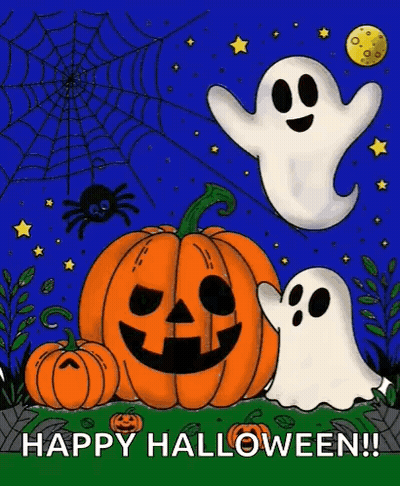 Happy Halloween Greeting Card With Pumpkins And Ghosts GIF