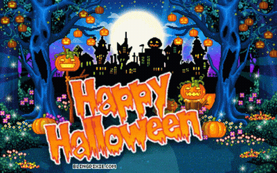 Happy Halloween Greeting Card With Pumpkins And Haunted House GIF