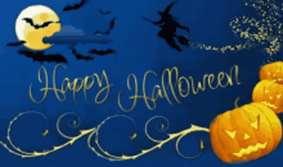 Happy Halloween Greeting Card With Pumpkins And Witch On Broom GIF