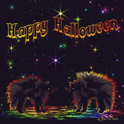 Happy Halloween Greeting Card With Two Cats And Stars GIF