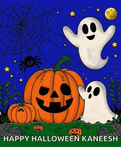 Happy Halloween Kaneesh Pumpkins Ghosts Spiders GIF