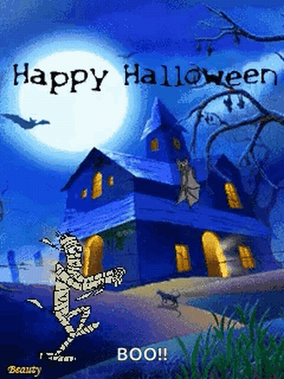 Happy Halloween Mummy And Haunted House GIF
