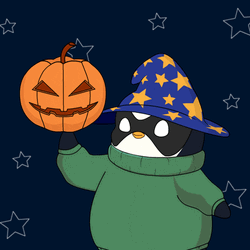 Happy Halloween Pudgy Penguin Twirling Pumpkin GIF