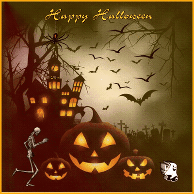Happy Halloween Skeleton Pumpkins Haunted House GIF