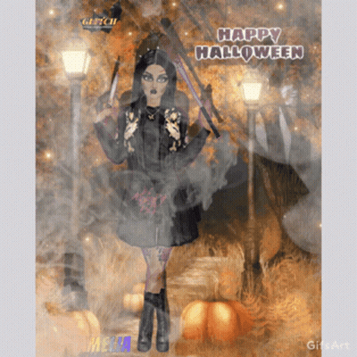Happy Halloween Witch Holding Broom GIF