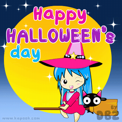 Happy Halloween Witch On Broomstick GIF