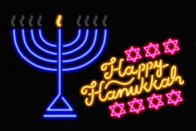 Happy Hanukkah Neon Sign With Menorah GIF