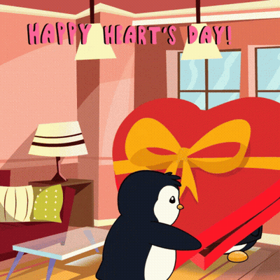 Happy Heart's Day Card Penguin Holding Red Heart GIF