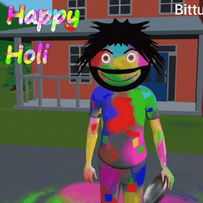 Happy Holi Greeting Card With Cartoon Character Covered In Colorful Paint GIF
