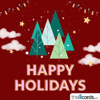 Happy Holidays Christmas Card With Trees And Stars GIF