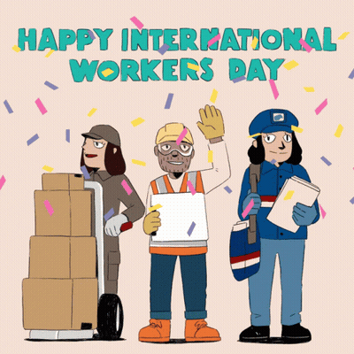 Happy International Workers Day Card With Cartoon Characters GIF