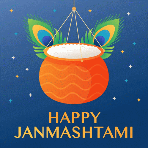 Happy Janmashtami Bowl Of Rice Peacock Feathers GIF