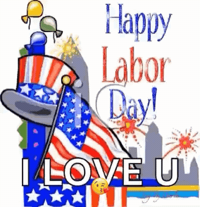 Happy Labor Day Card With Flag Balloons Fireworks GIF