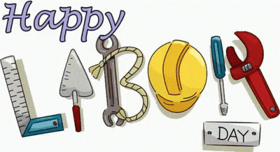 Happy Labor Day Sign With Hard Hat Wrench Ruler Hammer GIF