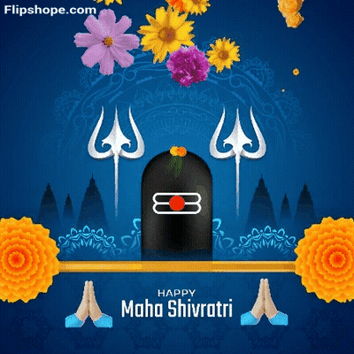 Happy Maha Shivaratri Greeting Card With Shiva Lingam And Flowers GIF