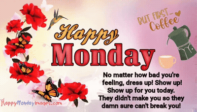 Happy Monday Card With Butterflies And Flowers GIF