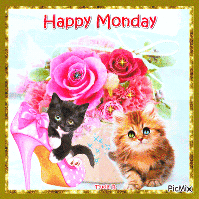 Happy Monday Kittens With Pink Roses GIF