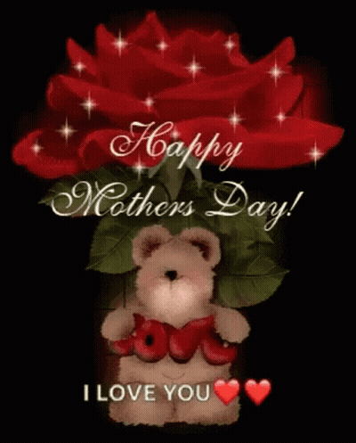 Happy Mothers Day Card Teddy Bear Holding Roses GIF