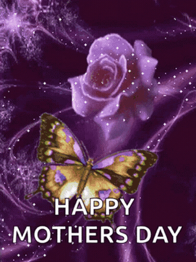 Happy Mothers Day Card With Butterfly And Purple Rose GIF