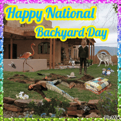 Happy National Backyard Day Flamingo And Man Laying On Ground GIF