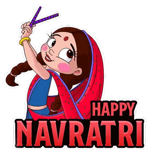 Happy Navratri Cartoon Girl Holding Sticks Sticker