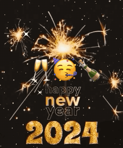 Happy New Year 2024 Smiley Holding Champagne