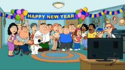 Happy New Year Banner Over Cartoon Characters