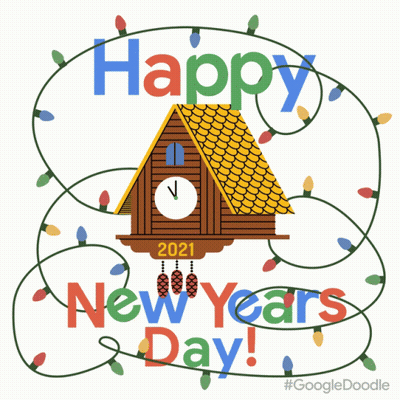Happy New Year Card Birdhouse And Clock GIF