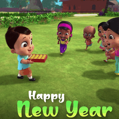 Happy New Year Card Boy Holding Box GIF