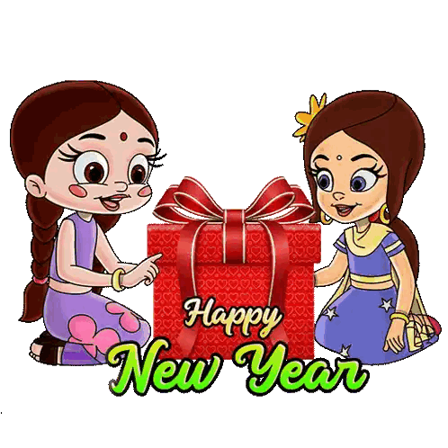 Happy New Year Card Two Girls Holding Gift Box Sticker