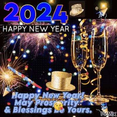 Happy New Year Card With Fireworks Champagne GIF