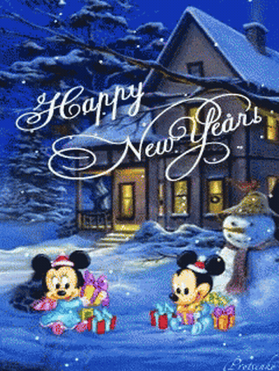 Happy New Year Card With Mickey And Minnie Mouse GIF