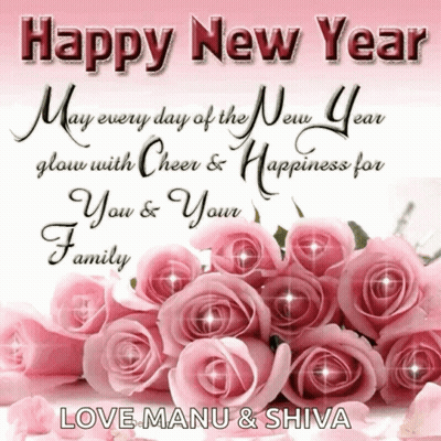 Happy New Year Card With Pink Roses Love Manu & Shiva GIF