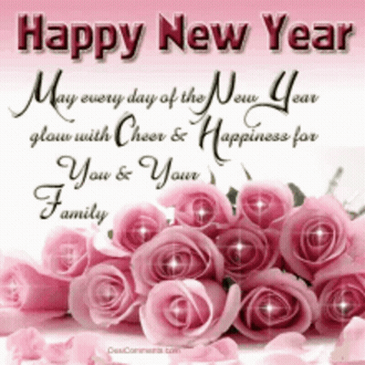 Happy New Year Card With Pink Roses GIF