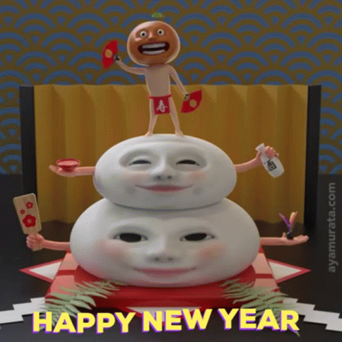 Happy New Year Cartoon Character Holding Fan GIF