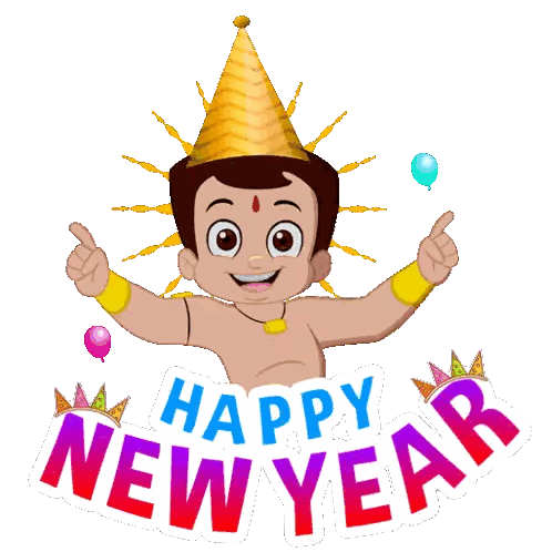 Happy New Year Cartoon Character With Party Hat And Balloons Sticker