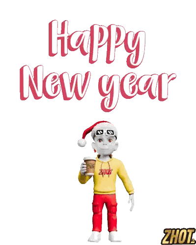 Happy New Year Cartoon Holding Cup Sticker