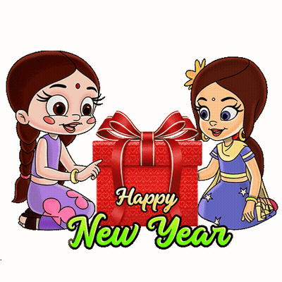 Happy New Year Girls Holding Gift GIF