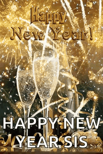 Happy New Year Greeting Card Champagne Glasses Bottle