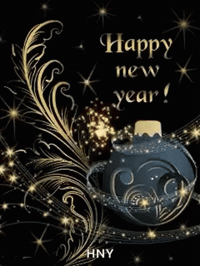 Happy New Year Greeting Card With Blue Christmas Ornament GIF