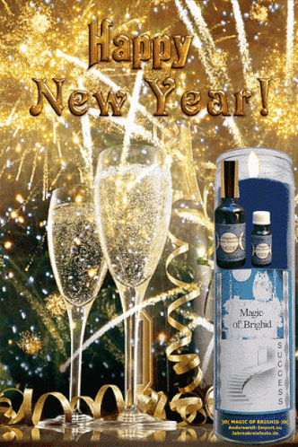Happy New Year Greeting Card With Bottle Of Magic Brighted GIF