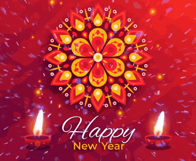 Happy New Year Greeting Card With Candles And Fireworks GIF