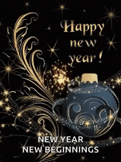 Happy New Year Greeting Card With Christmas Ornament And Fireworks GIF