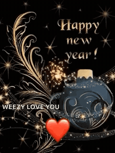 Happy New Year Greeting Card With Christmas Ornament And Fireworks GIF