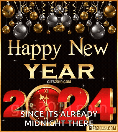 Happy New Year Greeting Card With Clock And Christmas Decorations GIF