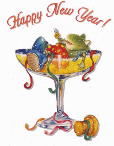 Happy New Year Greeting Card With Frog In Glass GIF